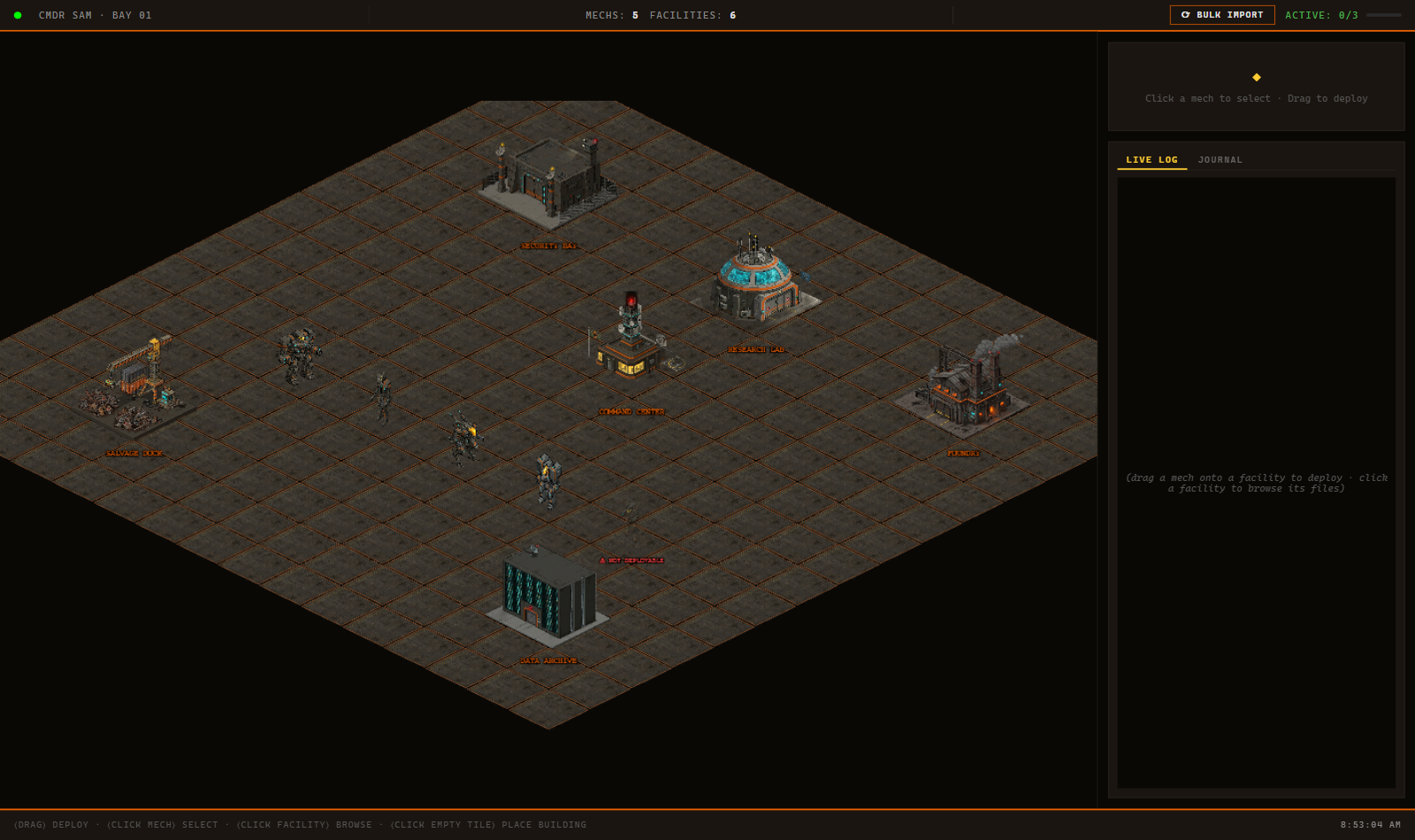 MechBay desktop app showing the isometric bay, mech roster, facilities, and command HUD